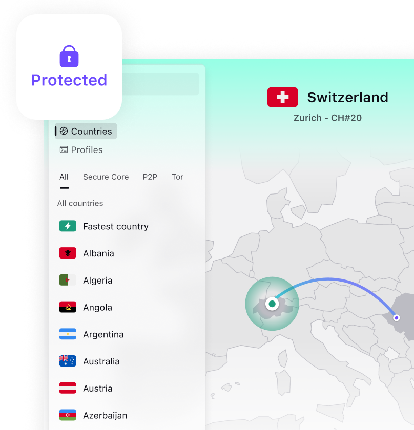 VPN interface displaying a secure connection to Switzerland and a list of protected countries.