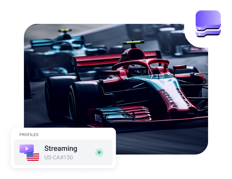 Formula 1 race cars speeding on a track with a streaming profile card overlay.