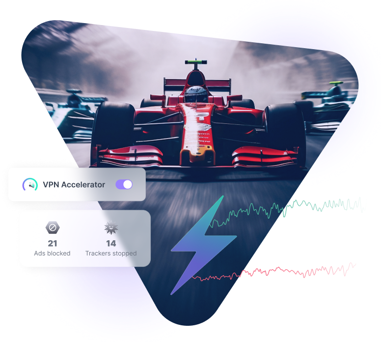 Formula 1 race car with VPN accelerator toggle and ad/tracker blocking statistics.
