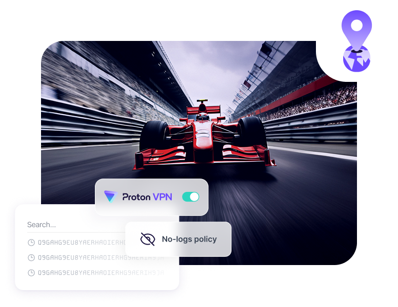 Red Formula 1 car on a race track with Proton VPN and no-logs policy overlays.