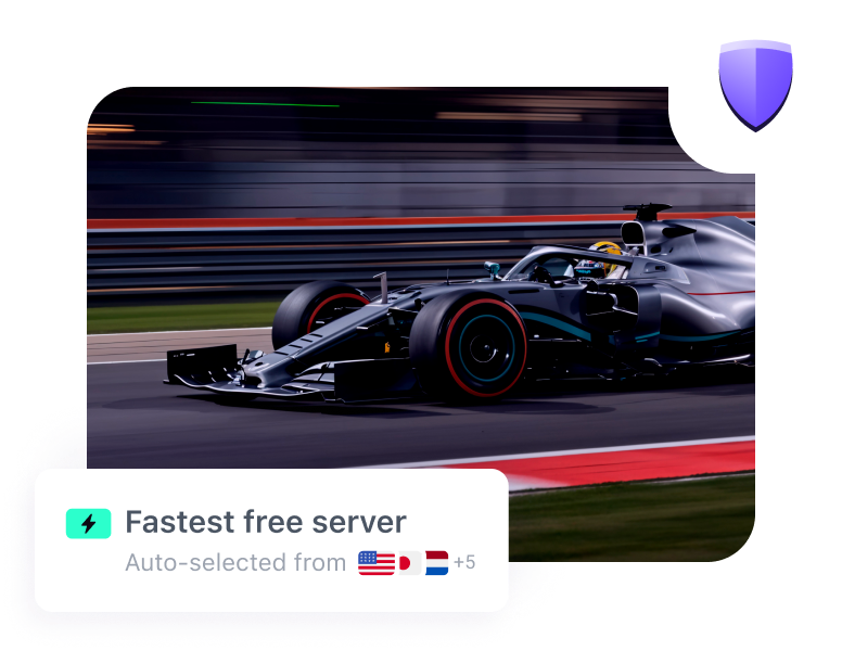 A Formula 1 race car speeding on a track with 'Fastest free server' overlay.