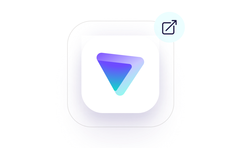 A purple and blue gradient play button icon with an external link symbol.