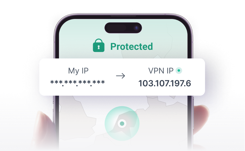 Smartphone screen shows a VPN protecting an IP address, displaying a new VPN IP.