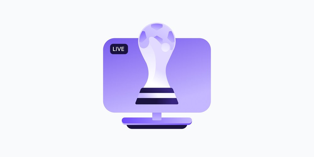 A TV with a "tag" tag and a trophy with a soccer ball (football) on top, representing World Cup live streaming