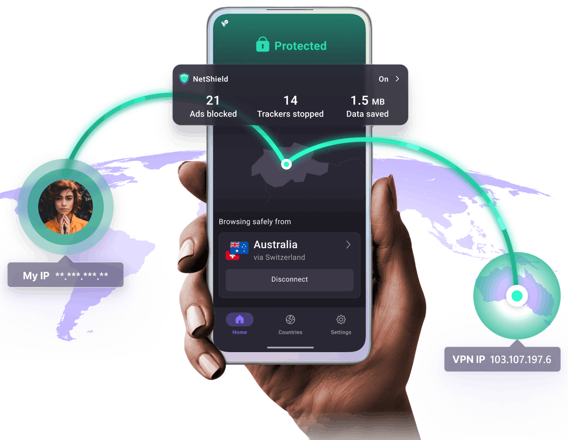 La mano de una mujer sosteniendo un dispositivo móvil mientras usa la aplicación Proton VPN para conectarse a un servidor internacional