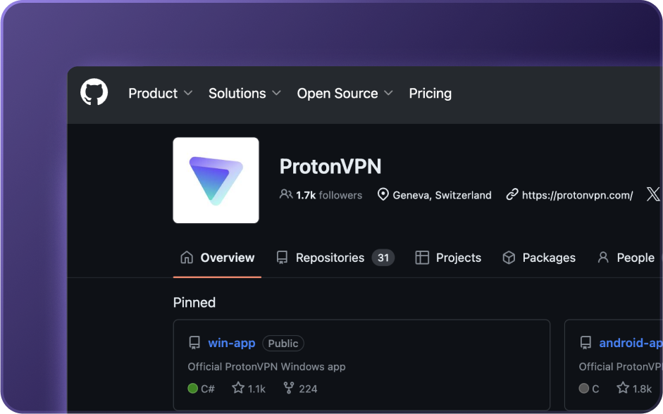 A screengrab of the Proton VPN organization page in GitHub