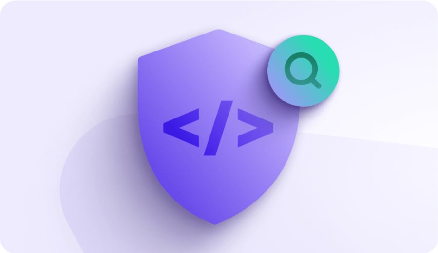 A shield overlayed with a HTML and a search icon